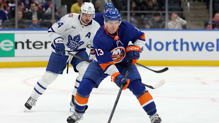 Jan 11, 2024; Elmont, New York, USA; New York Islanders center Mathew Barzal (13) skates with the