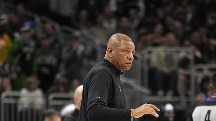 Apr 30, 2024; Milwaukee, Wisconsin, USA; Milwaukee Bucks head coach Doc Rivers during game five of the first round for the 2024 NBA playoffs against the Indiana Pacers at Fiserv Forum. Mandatory Credit: Jeff Hanisch-USA TODAY Sports Apr 30, 2024; Milwaukee, Wisconsin, USA; Milwaukee Bucks head coach Doc Rivers during game five of the first round for the 2024 NBA playoffs against the Indiana Pacers at Fiserv Forum. Mandatory Credit: Jeff Hanisch-USA TODAY Sports