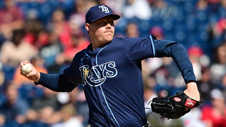 Tampa Bay Rays relief pitcher Pete Fairbanks (29) throws a pitch against the Cleveland Guardians during the ninth inning at P Tampa Bay Rays relief pitcher Pete Fairbanks (29) throws a pitch against the Cleveland Guardians during the ninth inning at P