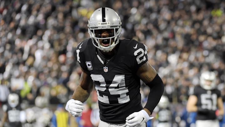 Dec 24, 2015; Oakland, CA, USA; Oakland Raiders free safety Charles Woodson (24) reacts during an NFL football game against the San Diego Chargers at O.co Coliseum. Mandatory Credit: Kirby Lee-Imagn Images
