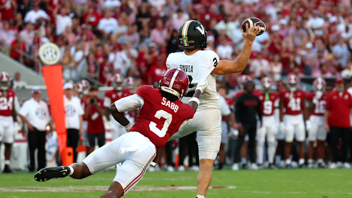 Oct 4, 2025; Tuscaloosa, Alabama, USA; Vanderbilt Commodores quarterback Diego Pavia (2) is chased by Alabama Crimson Tide defensive back Keon Sabb (3) during the second half at Saban Field at Bryant-Denny Stadium. Mandatory Credit: David Leong-Imagn Images Oct 4, 2025; Tuscaloosa, Alabama, USA; Vanderbilt Commodores quarterback Diego Pavia (2) is chased by Alabama Crimson Tide defensive back Keon Sabb (3) during the second half at Saban Field at Bryant-Denny Stadium. Mandatory Credit: David Leong-Imagn Images