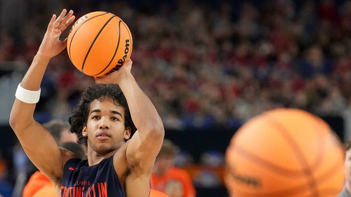 Illinois Fighting Illini guard Blake Fagbemi (8) shoots the ball during practice ahead of a Final Four game on Friday, April 3, 2026, at Lucas Oil Stadium in Indianapolis.