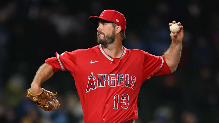 Mar 31, 2026; Chicago, Illinois, USA; Los Angeles Angels pitcher Drew Pomeranz (13) pitches against the Chicago Cubs during the ninth inning at Wrigley Field. Mandatory Credit: Patrick Gorski-Imagn Images