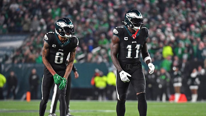 Dec 25, 2023; Philadelphia, Pennsylvania, USA; Philadelphia Eagles wide receiver DeVonta Smith (6) and wide receiver A.J. Brown (11) against the New York Giants at Lincoln Financial Field. Mandatory Credit: Eric Hartline-Imagn Images