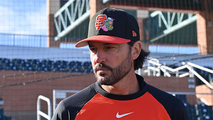 Feb 18, 2026; Scottsdale, AZ, USA; San Francisco Giants manager Tony Vitello (23) looks on during a Spring Training workout at Scottsdale Stadium Mandatory Credit: Matt Kartozian-Imagn Images