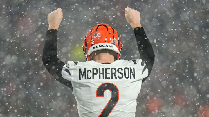 Cincinnati Bengals place kicker Evan McPherson (2) celebrates a successful kick in the fourth