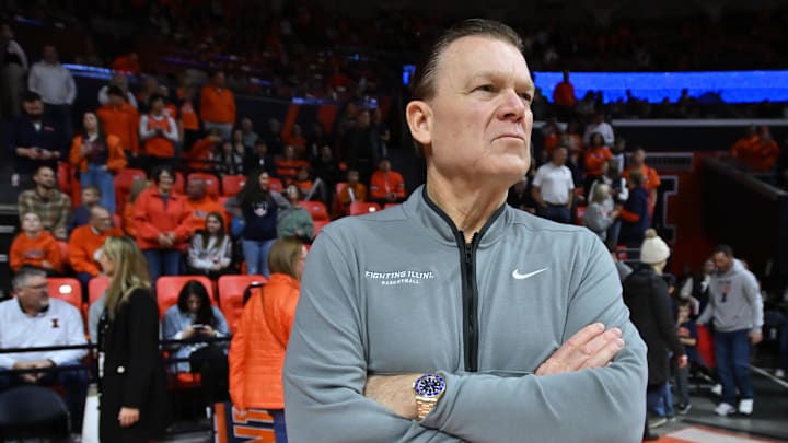 Jan 17, 2026; Champaign, Illinois, USA;  Illinois Fighting Illini head coach Brad Underwood before the first half against the Minnesota Golden Gophers  at State Farm Center. Mandatory Credit: Ron Johnson-Imagn Images