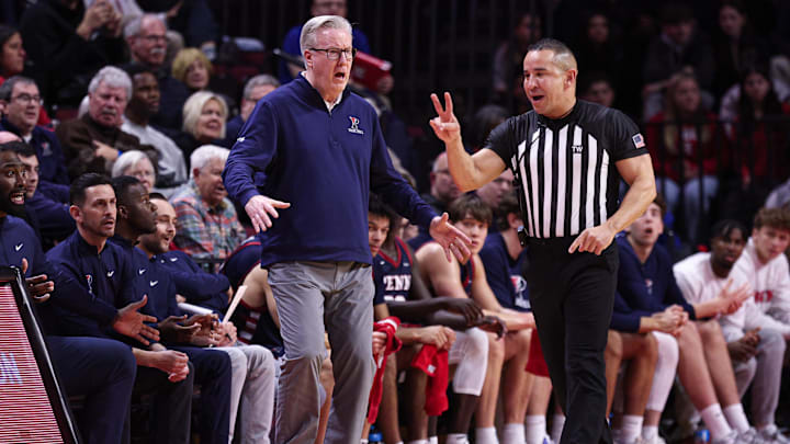 Dec 20, 2025; Piscataway, New Jersey, USA; Penn Quakers head coach Fran McCaffery reacts during the first half against the Rutgers Scarlet Knights at Jersey Mike's Arena. Mandatory Credit: Vincent Carchietta-Imagn Images