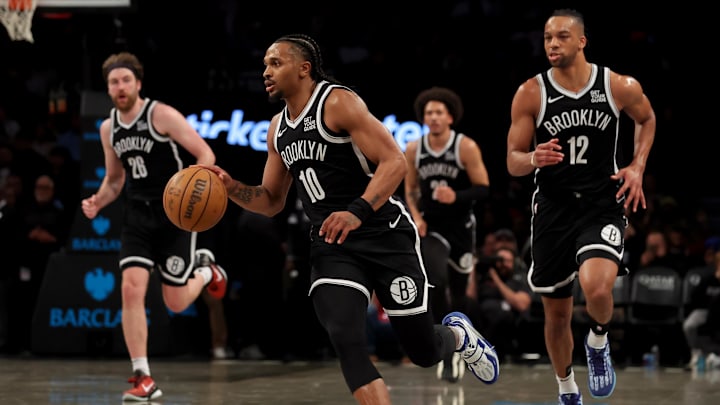 Apr 10, 2025; Brooklyn, New York, USA; Brooklyn Nets guard Tyson Etienne (10) brings the ball up court against the Atlanta Hawks during the second quarter at Barclays Center. Mandatory Credit: Brad Penner-Imagn Images Apr 10, 2025; Brooklyn, New York, USA; Brooklyn Nets guard Tyson Etienne (10) brings the ball up court against the Atlanta Hawks during the second quarter at Barclays Center. Mandatory Credit: Brad Penner-Imagn Images