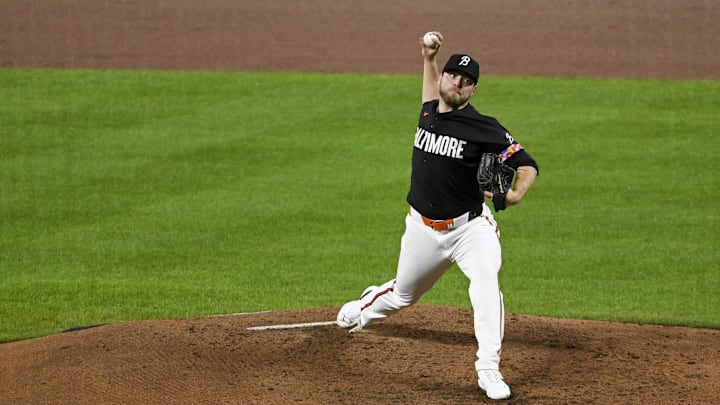 Sep 20, 2024; Baltimore, Maryland, USA;  Baltimore Orioles pitcher Corbin Burnes (39) throws a third inning pitch against the Detroit Tigers at Oriole Park at Camden Yards. Mandatory Credit: Tommy Gilligan-Imagn Images