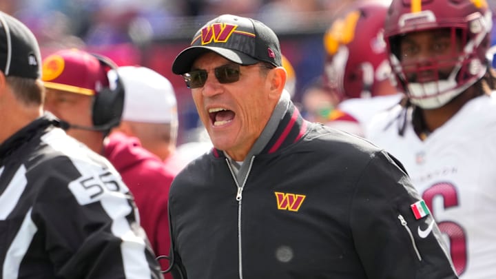 Oct 22, 2023; East Rutherford, New Jersey, USA; Washington Commanders head coach Ron Rivera against