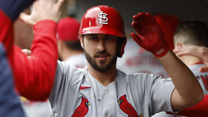 Apr 23, 2023; Seattle, Washington, USA; St. Louis Cardinals shortstop Paul DeJong (11) high-fives