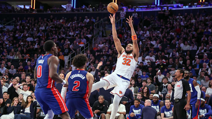 Apr 19, 2025; New York, New York, USA; New York Knicks center Karl-Anthony Towns (32) takes a jump shot against the Detroit Pistons in Game One of the First Round of the NBA Playoffs at Madison Square Garden. Mandatory Credit: Wendell Cruz-Imagn Images Apr 19, 2025; New York, New York, USA; New York Knicks center Karl-Anthony Towns (32) takes a jump shot against the Detroit Pistons in Game One of the First Round of the NBA Playoffs at Madison Square Garden. Mandatory Credit: Wendell Cruz-Imagn Images