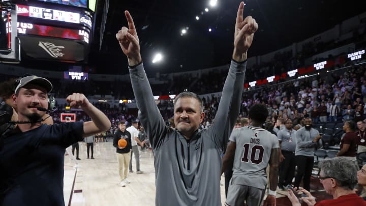 Feb 21, 2024; Starkville, Mississippi, USA; Mississippi State Bulldogs head coach Chris Jans reacts