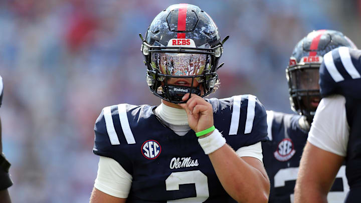 Oct 26, 2024; Oxford, Mississippi, USA; Mississippi Rebels quarterback Jaxson Dart (2) looks on during the second half against the Oklahoma Sooners at Vaught-Hemingway Stadium. Mandatory Credit: Petre Thomas-Imagn Images