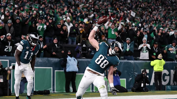 Jan 12, 2025; Philadelphia, Pennsylvania, USA; Philadelphia Eagles tight end Dallas Goedert (88) reacts after scoring a touchdown against the Green Bay Packers during the third quarter in an NFC wild card game at Lincoln Financial Field. Mandatory Credit: Jan 12, 2025; Philadelphia, Pennsylvania, USA; Philadelphia Eagles tight end Dallas Goedert (88) reacts after scoring a touchdown against the Green Bay Packers during the third quarter in an NFC wild card game at Lincoln Financial Field. Mandatory Credit:
