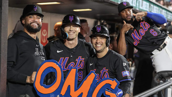 Sep 19, 2024; New York City, New York, USA; New York Mets left fielder Brandon Nimmo (9) celebrates with pitcher Sean Manaea (59) and second baseman Jose Iglesias (11) after hitting a two run home run in the third inning against the Philadelphia Phillies at Citi Field. Mandatory Credit: Wendell Cruz-Imagn Images Sep 19, 2024; New York City, New York, USA; New York Mets left fielder Brandon Nimmo (9) celebrates with pitcher Sean Manaea (59) and second baseman Jose Iglesias (11) after hitting a two run home run in the third inning against the Philadelphia Phillies at Citi Field. Mandatory Credit: Wendell Cruz-Imagn Images