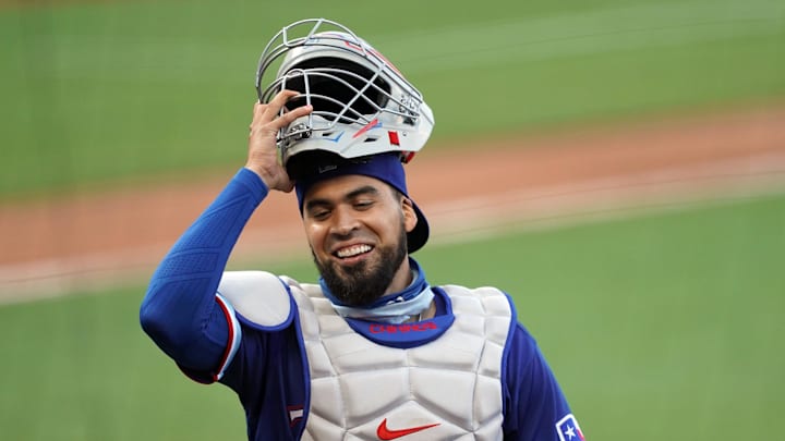 Aug 1, 2020; San Francisco, California, USA; Texas Rangers catcher Robinson Chirinos (61) smiles on the field at the end of the second inning against the San Francisco Giants at Oracle Park. 