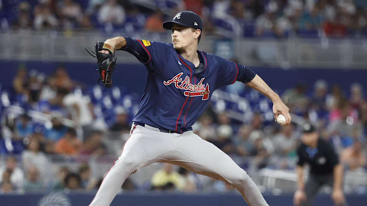 Sep 21, 2024; Miami, Florida, USA; Atlanta Braves starting pitcher Max Fried (54) throws against the Miami Marlins in the second inning at loanDepot Park. Mandatory Credit: Rhona Wise-Imagn Images