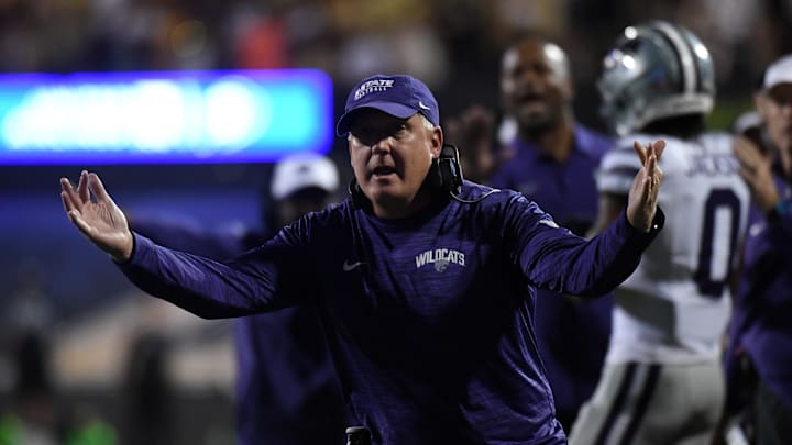 Oct 12, 2024; Boulder, Colorado, USA; Kansas State Wildcats head coach Chris Klieman celebrates after a touchdown during the first half against the Colorado Buffaloes at Folsom Field. Mandatory Credit: Christopher Hanewinckel-Imagn Images