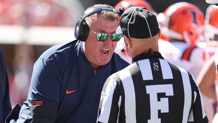 Sep 26, 2026; Columbus, Ohio, USA;  Illinois Fighting Illini head coach Bret Bielema argues with an official during the first half against the Ohio State Buckeyes at Ohio Stadium.  Mandatory Credit: Joseph Maiorana-Imagn Images