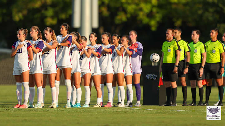 TCU Soccer lines up ahead of their season-opener against Pepperdine at Garvey-Rosenthal Soccer Stadium in Fort Worth, TX. TCU Soccer lines up ahead of their season-opener against Pepperdine at Garvey-Rosenthal Soccer Stadium in Fort Worth, TX.