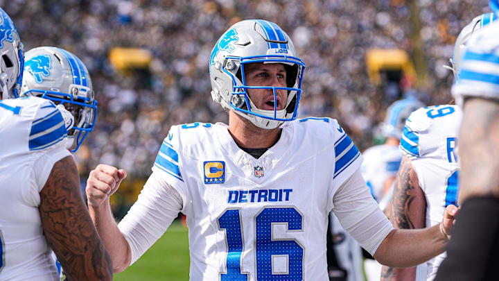 Detroit Lions quarterback Jared Goff (16) cheers up teammates on the sideline before a first down against Green Bay Packers during the first half at Lambeau Field in Green Bay, Wis., on Sunday, September 7, 2025.