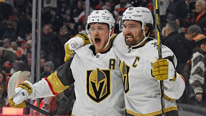 Dec 11, 2025; Philadelphia, Pennsylvania, USA; Vegas Golden Knights right wing Mark Stone (61) celebrates his game-winning goal with center Jack Eichel (9) against the Philadelphia Flyers during the overtime period at Xfinity Mobile Arena. Mandatory Credit: Eric Hartline-Imagn Images
