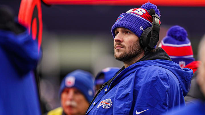 Buffalo Bills quarterback Josh Allen (17) on the sideline as they take on the New England Patriots.