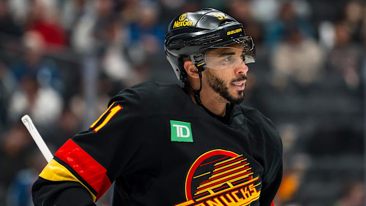 Jan 19, 2026; Vancouver, British Columbia, CAN; Vancouver Canucks forward Evander Kane (91) during a stop in play against the New York Islanders in the second period at Rogers Arena. Mandatory Credit: Bob Frid-Imagn Images