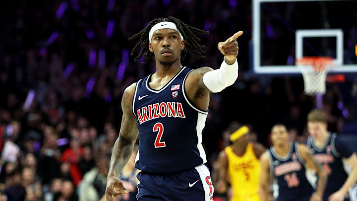 Jan 17, 2024; Tucson, Arizona, USA; Arizona Wildcats guard Caleb Love (2) celebrates a three point