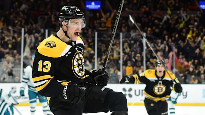Jan 20, 2025; Boston, Massachusetts, USA; Boston Bruins center Charlie Coyle (13) reacts after scoring his second goal of the game during the third period against the San Jose Sharks at TD Garden. Mandatory Credit: Bob DeChiara-Imagn Images