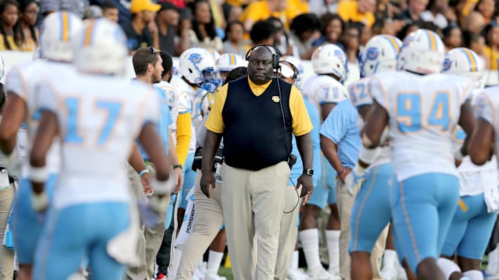 Sep 9, 2017; Hattiesburg, MS, USA; Southern University Jaguars head coach Dawson Odums in the first quarter against the Southern Miss Golden Eagles at M. M. Roberts Stadium. Mandatory Credit: Chuck Cook-Imagn Images