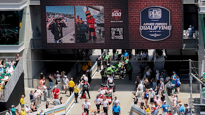 Cars are brought out to pit lane Sunday, May 19, 2024, for Top 12 qualifying for the 108th running of the Indianapolis 500 at Indianapolis Motor Speedway.