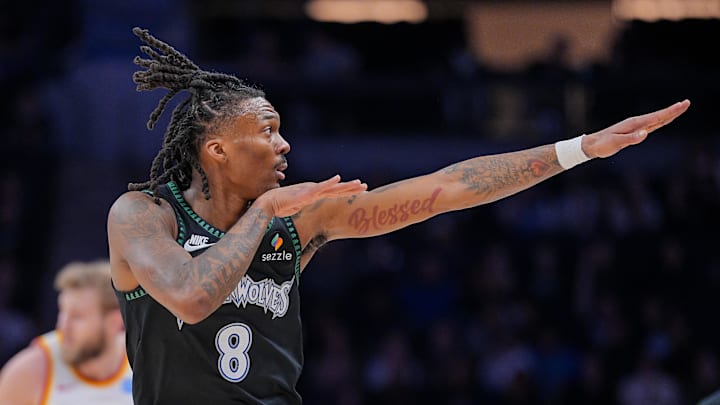 Feb 9, 2026; Minneapolis, Minnesota, USA; Minnesota Timberwolves guard Bones Hyland (8) celebrates his basket against the Atlanta Hawks in the second quarter at Target Center. Mandatory Credit: Brad Rempel-Imagn Images Feb 9, 2026; Minneapolis, Minnesota, USA; Minnesota Timberwolves guard Bones Hyland (8) celebrates his basket against the Atlanta Hawks in the second quarter at Target Center. Mandatory Credit: Brad Rempel-Imagn Images
