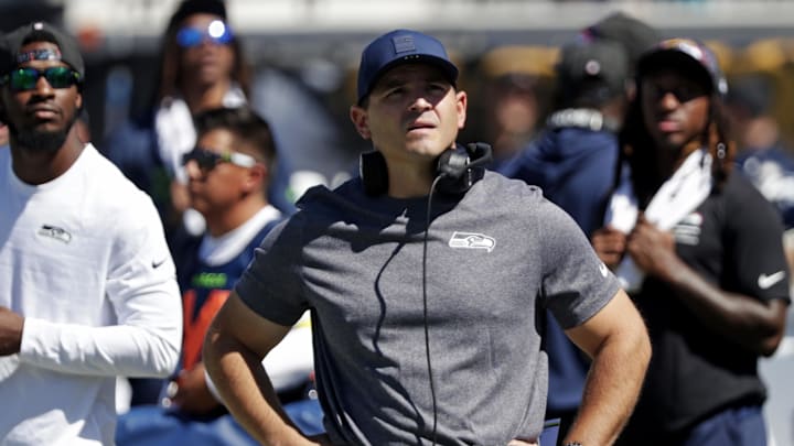 Oct 12, 2025; Jacksonville, Florida, USA; Seattle Seahawks head coach Mike MacDonald looks on before the game against the Jacksonville Jaguars at EverBank Stadium. Mandatory Credit: Travis Register-Imagn Images
