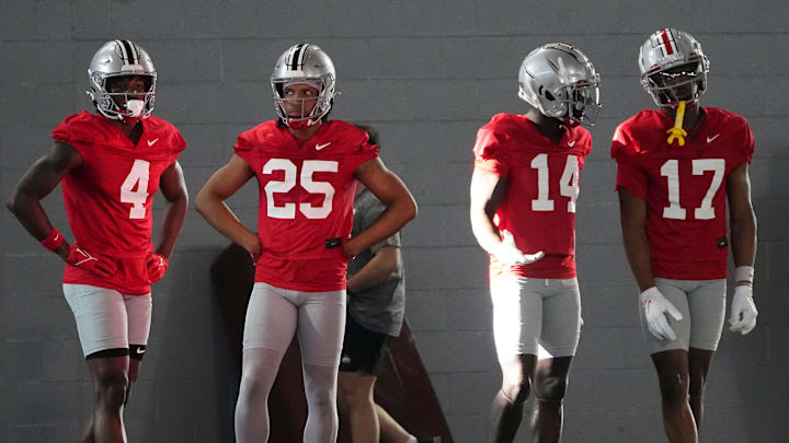 Mar 5, 2024; Columbus, OH, USA; Ohio State Buckeyes wide receivers Jeremiah Smith (4), Kai Saunders