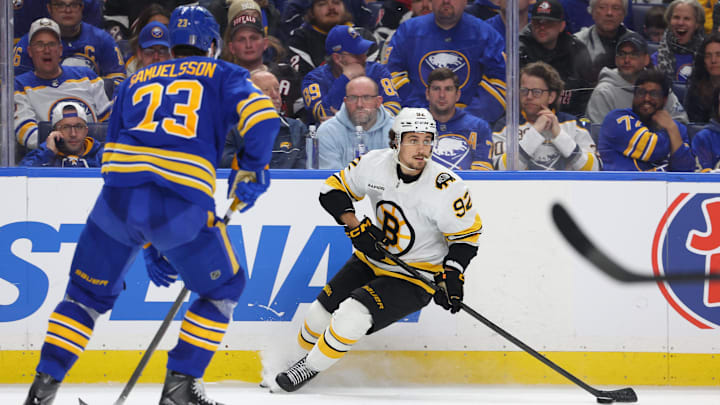 Apr 21, 2026; Buffalo, New York, USA; Boston Bruins center Marat Khusnutdinov (92) looks to make a pass during the third period against the Buffalo Sabres in game two of the first round of the 2026 Stanley Cup Playoffs at KeyBank Center. Mandatory Credit: Timothy T. Ludwig-Imagn Images