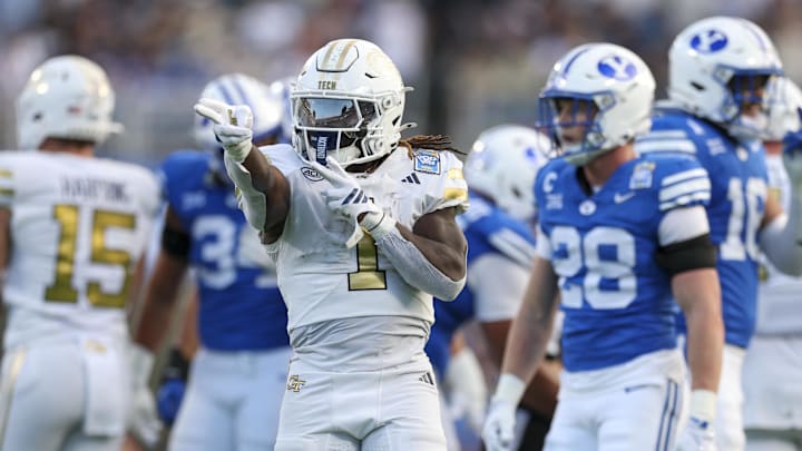 Dec 27, 2025; Orlando, FL, USA; Georgia Tech Yellow Jackets running back Jamal Haynes (1) reacts after a first down against the BYU Cougars in the second quarter during the Pop-Tarts Bowl at Camping World Stadium. Mandatory Credit: Nathan Ray Seebeck-Imagn Images
