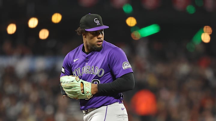 Sep 26, 2025; San Francisco, California, USA; Colorado Rockies relief pitcher Jaden Hill (0) looks over his shoulder during the fifth inning at Oracle Park.