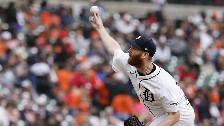 May 28, 2025; Detroit, Michigan, USA;  Detroit Tigers pitcher John Brebbia (49) pitches in the seventh inning against the San Francisco Giants at Comerica Park. Mandatory Credit: Rick Osentoski-Imagn Images