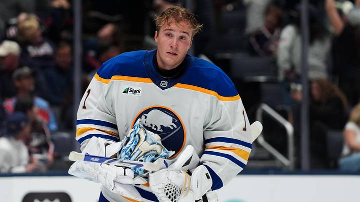 Buffalo Sabres goaltender Ukko-Pekka Luukkonen (1) skates during a stop in play against the Columbus Blue Jackets in the third period at Nationwide Arena. Mandatory Credit: Aaron Doster-Imagn Images Buffalo Sabres goaltender Ukko-Pekka Luukkonen (1) skates during a stop in play against the Columbus Blue Jackets in the third period at Nationwide Arena. Mandatory Credit: Aaron Doster-Imagn Images