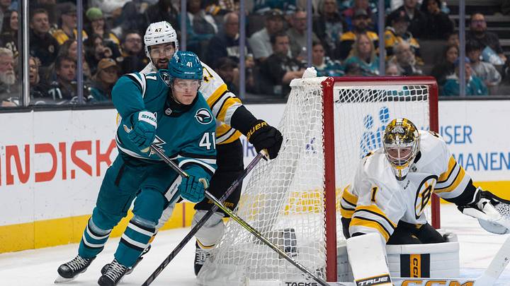 Oct 13, 2026; San Jose, California, USA;  San Jose Sharks left wing Ivar Stenberg (41) attempts to score against Boston Bruins goaltender Jeremy Swayman (1) during the second period at SAP Center at San Jose.  Mandatory Credit: Stan Szeto-Imagn Images