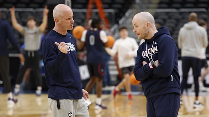 Mar 26, 2026; Washington, DC, USA; UConn Huskies head coach Dan Hurley (L) talks with assistant coach Luke Murray (R) during a practice session ahead of the East Regional of the men's 2026 NCAA Tournament at Capital One Arena. Mandatory Credit: Geoff Burke-Imagn Images Mar 26, 2026; Washington, DC, USA; UConn Huskies head coach Dan Hurley (L) talks with assistant coach Luke Murray (R) during a practice session ahead of the East Regional of the men's 2026 NCAA Tournament at Capital One Arena. Mandatory Credit: Geoff Burke-Imagn Images