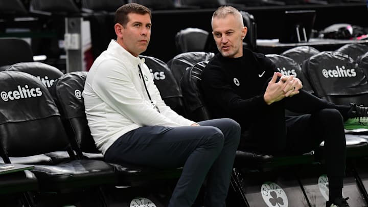 Dec 6, 2024; Boston, Massachusetts, USA;  Boston Celtics General Manager Brad Stevens watches warmups prior to game against the Milwaukee Bucks at TD Garden.