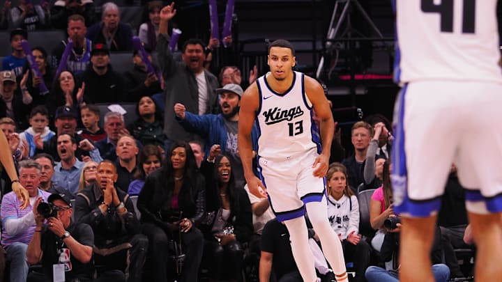 Mar 19, 2025; Sacramento, California, USA; Sacramento Kings forward Keegan Murray (13) after a basket against the Cleveland Cavaliers during the fourth quarter at Golden 1 Center. Mandatory Credit: Kelley L Cox-Imagn Images
