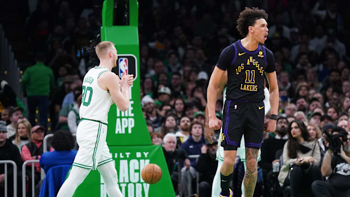 Feb 1, 2024; Boston, Massachusetts, USA; Los Angeles Lakers center Jaxson Hayes (11) reacts after his basket against the Boston Celtics in the second half at TD Garden. Mandatory Credit: David Butler II-Imagn Images