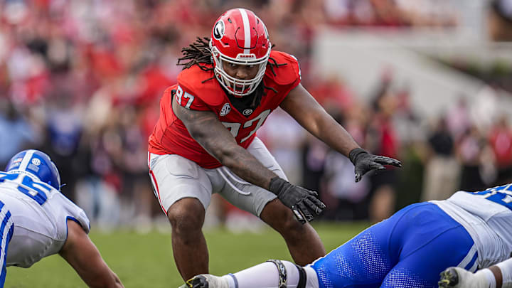 Oct 4, 2025; Athens, Georgia, USA; Georgia Bulldogs defensive lineman Jordan Thomas (97) fights off blocks to rush the Kentucky Wildcats quarterback at Sanford Stadium. Mandatory Credit: Dale Zanine-Imagn Images