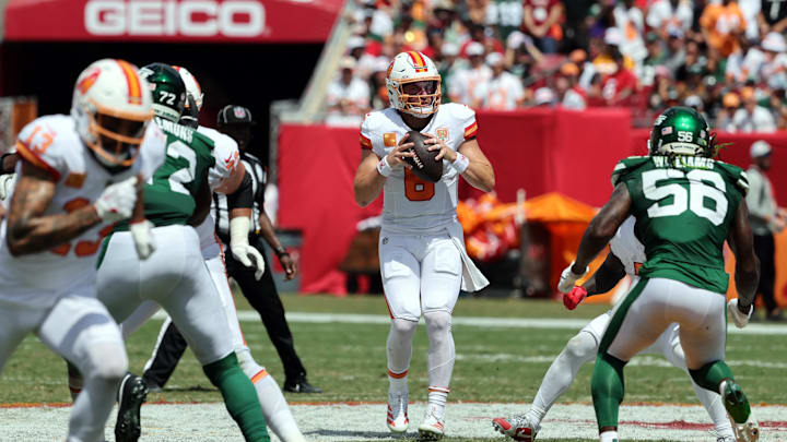 Sep 21, 2025; Tampa, Florida, USA; Tampa Bay Buccaneers quarterback Baker Mayfield (6) drops back against the New York Jets during the second quarter at Raymond James Stadium. Mandatory Credit: Kim Klement Neitzel-Imagn Images Sep 21, 2025; Tampa, Florida, USA; Tampa Bay Buccaneers quarterback Baker Mayfield (6) drops back against the New York Jets during the second quarter at Raymond James Stadium. Mandatory Credit: Kim Klement Neitzel-Imagn Images