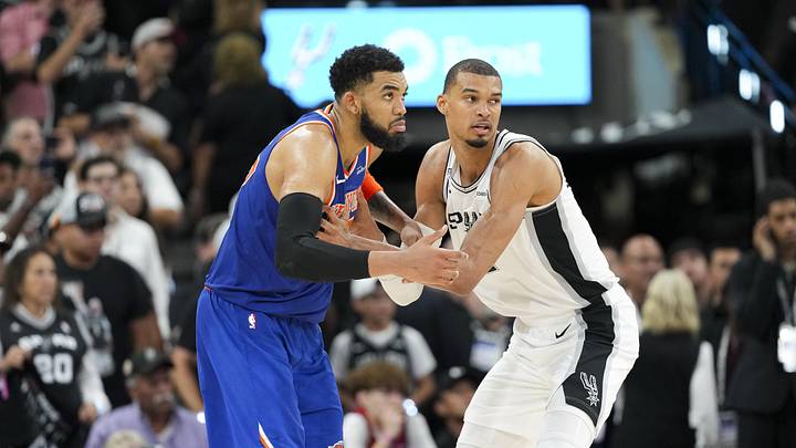 Jun 5, 2026; San Antonio, Texas, USA; New York Knicks center Karl-Anthony Towns (32) and San Antonio Spurs forward Victor Wembanyama (1) look for the ball in the second half during game two of the 2026 NBA Finals at Frost Bank Center. Mandatory Credit: Scott Wachter-Imagn Images Jun 5, 2026; San Antonio, Texas, USA; New York Knicks center Karl-Anthony Towns (32) and San Antonio Spurs forward Victor Wembanyama (1) look for the ball in the second half during game two of the 2026 NBA Finals at Frost Bank Center. Mandatory Credit: Scott Wachter-Imagn Images